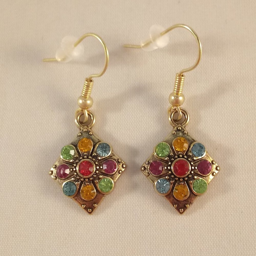 Gold Plated Multi Color Crystal Rhombus Shape Dangle Earrings Women's Party Gift